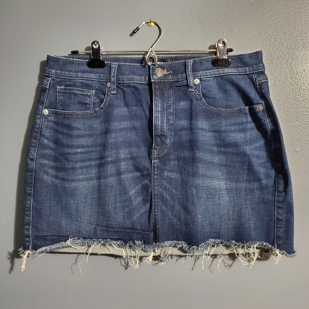 Express Blue Jean Mini Skirt Raw Hem Denim Dark Wash Size 12